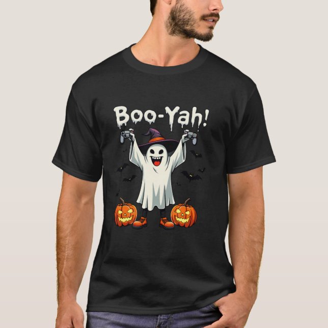 Boo Yah Spooky Gamer Ghost with Controller Hallowe T-Shirt (Front)