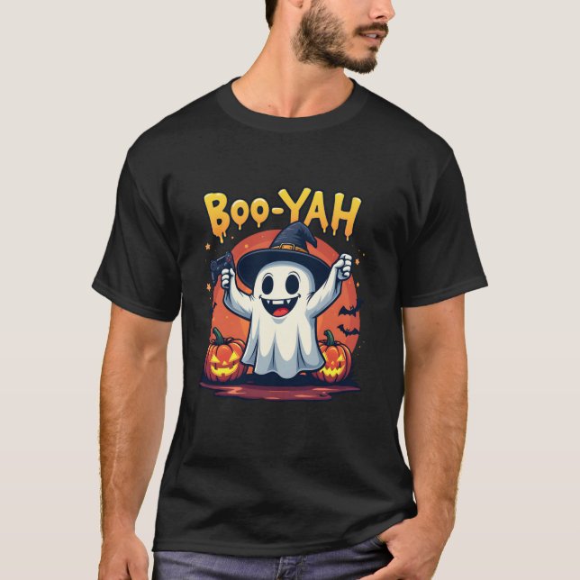 Boo Yah Spooky Gamer Ghost with Controller Hallowe T-Shirt (Front)