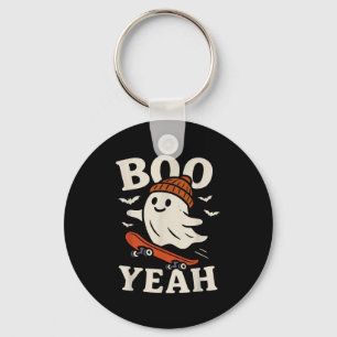 Boo Yeah Funny Ghost In Beanie Skateboard Hallowee Keychain