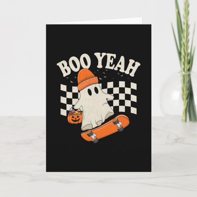 Boo Yeah Ghost Skateboarding Funny Halloween Ghost Card (Front)