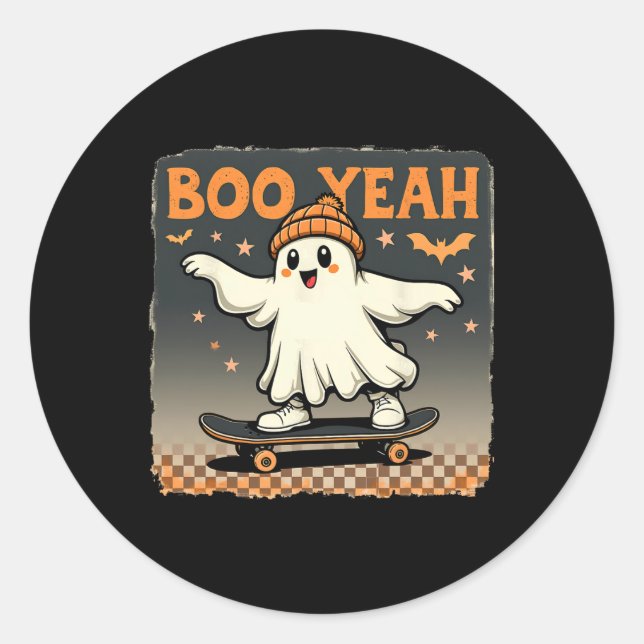 Boo Yeah Halloween Funny Spooky Ghost Skateboard  Classic Round Sticker (Front)