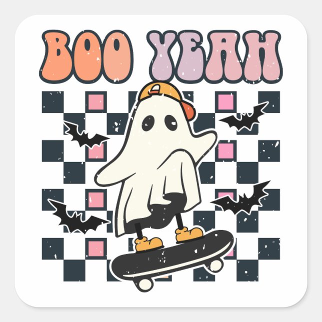 Boo Yeah - Retro Cute Ghost Skateboard  Square Sticker (Front)