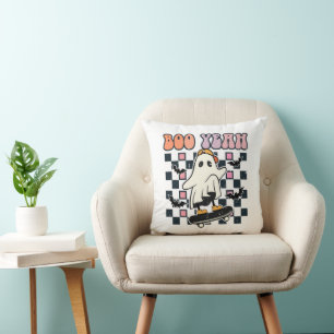 Boo Yeah - Retro Cute Ghost Skateboard Throw Pillow