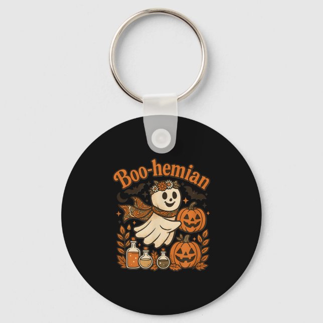 Boohemian Funny Retro Ghost Pumpkin Halloween Cost Keychain (Front)