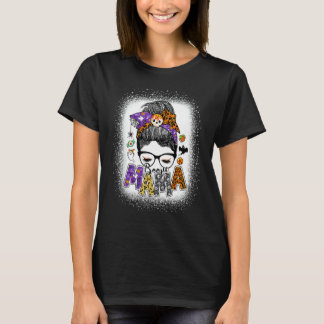 Boojie Mama Halloween Monster Messy Bun Skull Mom  T-Shirt