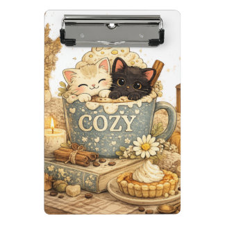 book,  a mug, Teacup cats, Warm vibes, Cute pink s Mini Clipboard