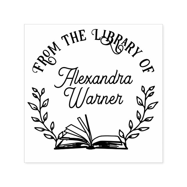 Book and Botanical Branches #1 Library Script Name Self-inking Stamp (Design)