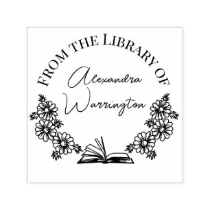 Book and Botanical Daisies #1 Library Script Name Self-inking Stamp