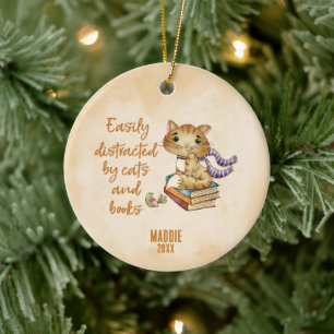 Book and Cat Lover Ceramic Ornament