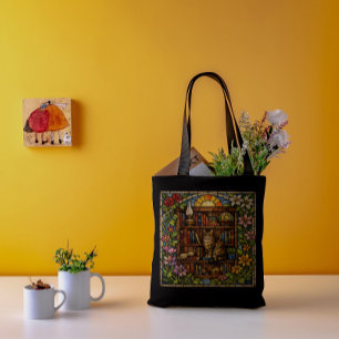 Book and Cat Lovers Faux Stain Glass Tote Bag