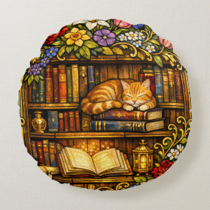 Book and Sleeping Cat Lovers Faux Stain Glass Round Pillow