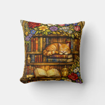 Book and Sleeping Cat Lovers Faux Stain Glass