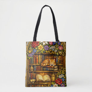 Book and Sleeping Cat Lovers Faux Stain Glass Tote Bag