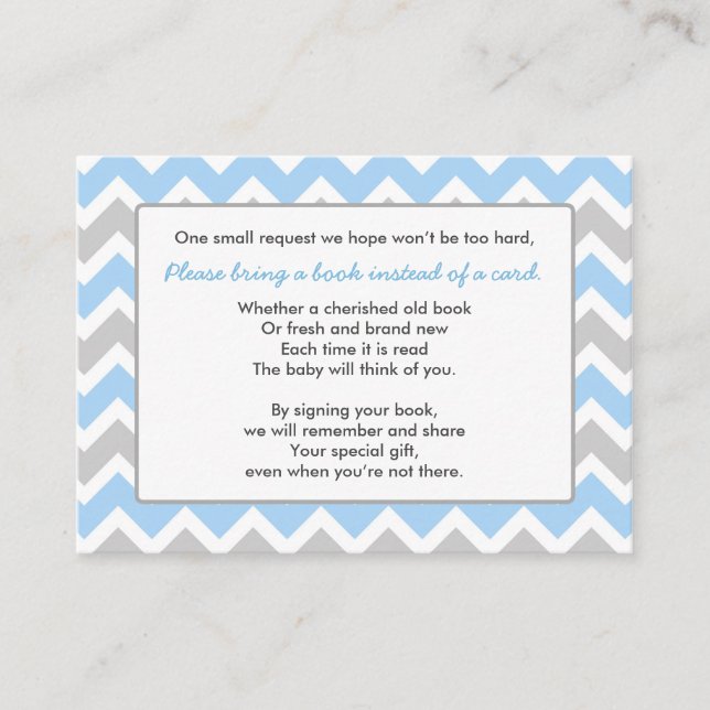 Book Baby Shower insert card boy blue grey chevron (Front)
