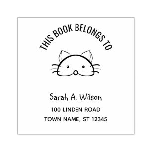 Book Belongs to Name Address Bookplate Funny Cat Rubber Stamp