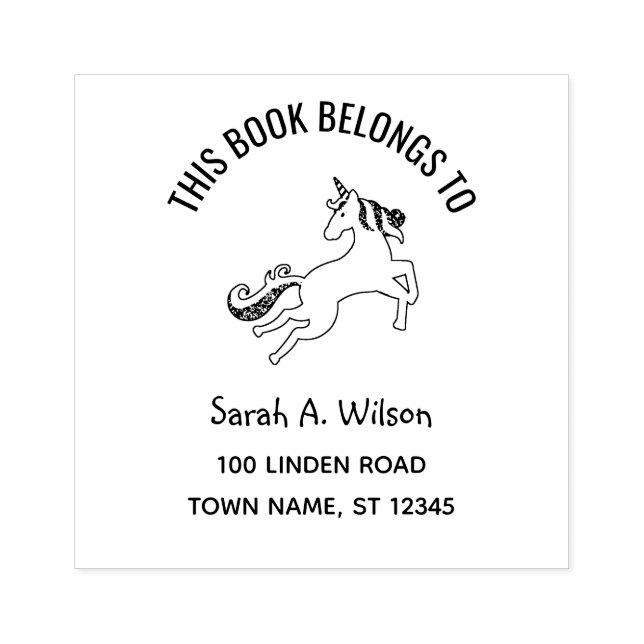 Book Belongs to Name Address Bookplate Unicorn Rubber Stamp (Imprint)