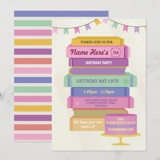 Book Birthday Library Invite Reading Pink Cake (Front/Back)