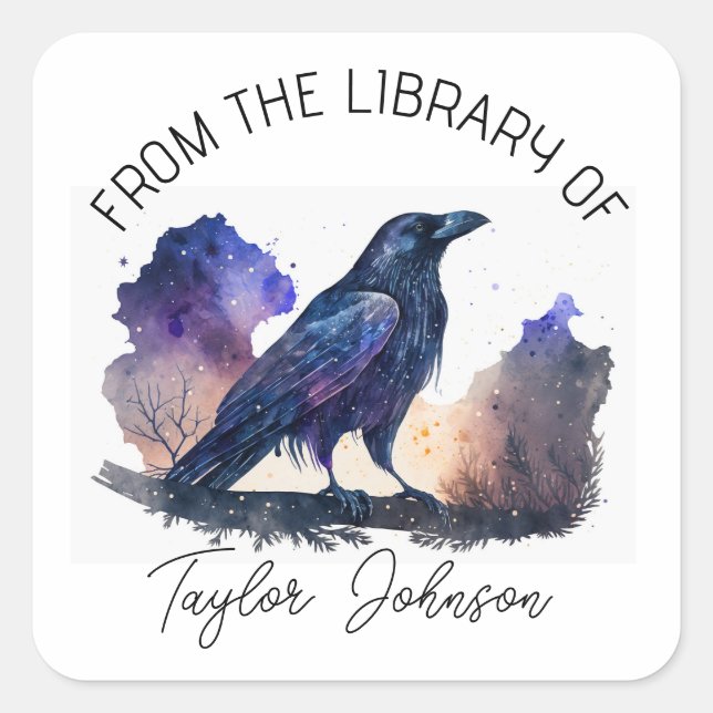 Book bookplate star celestial night sky crow bird square sticker (Front)