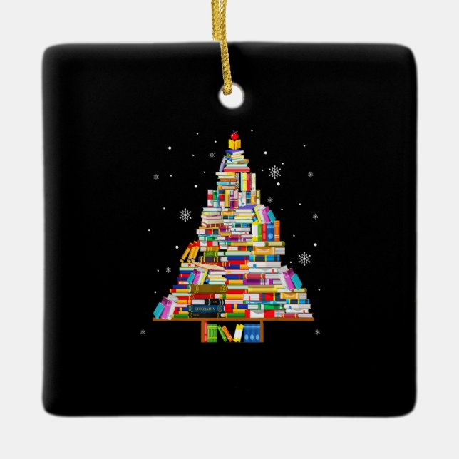 book christmas tree librarian book lovers xmas ceramic ornament (Front)