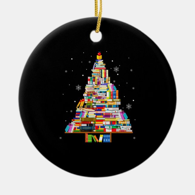 book christmas tree librarian book lovers xmas ceramic ornament (Front)