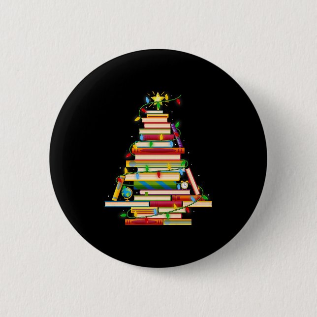 Book Christmas Tree Lights Book Lover Librarian Te 2 Inch Round Button (Front)