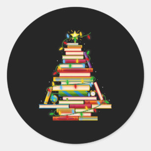 Book Christmas Tree Lights Book Lover Librarian Te Classic Round Sticker