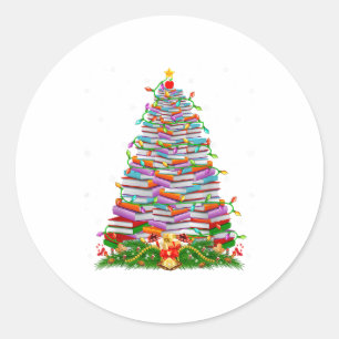 Book Christmas Tree Lights Book Lover Teacher Libr Classic Round Sticker