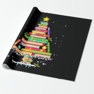 book christmas tree merry christmas librarian wrapping paper