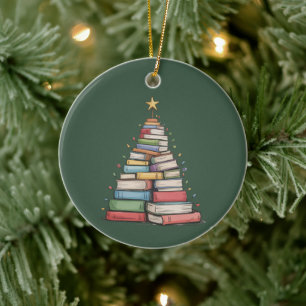 Book Christmas Tree Retro Bookworm Library  Ceramic Ornament