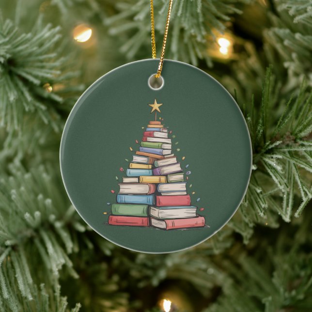 Book Christmas Tree Retro Bookworm Library  Ceramic Ornament (Tree)