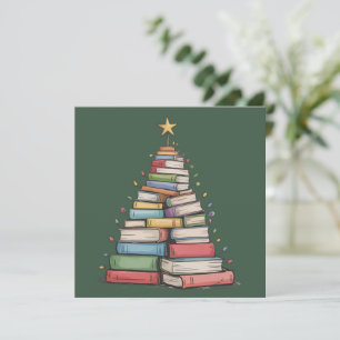 Book Christmas Tree Retro Bookworm Library Holiday Card