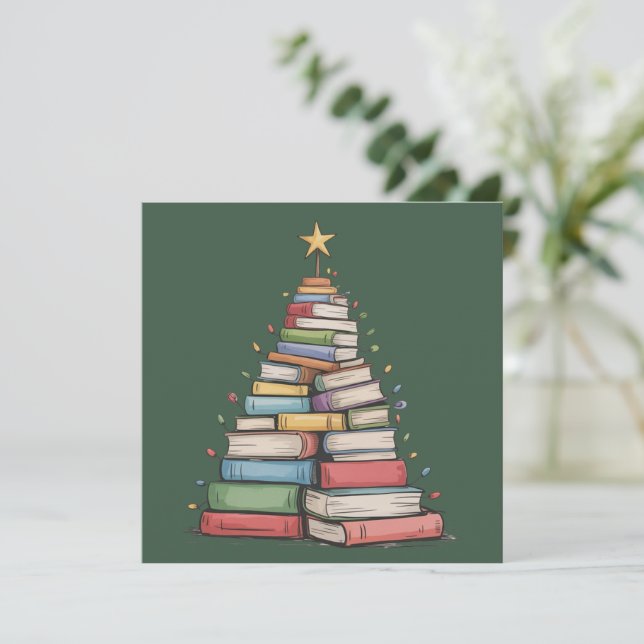 Book Christmas Tree Retro Bookworm Library  Holiday Card (Standing Front)