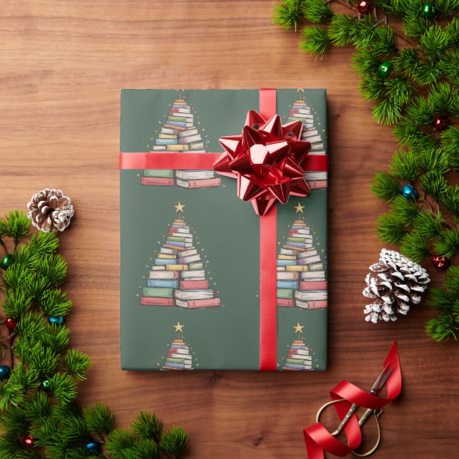Book Christmas Tree Retro Bookworm Library  Wrapping Paper (Holiday Gift)