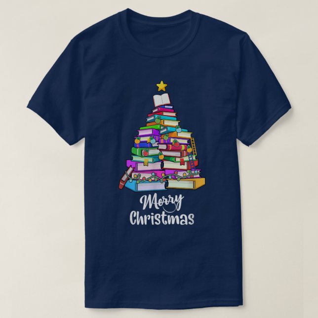 Book Christmas Tree Xmas Lights Librarian Merry Ch T-Shirt (Design Front)
