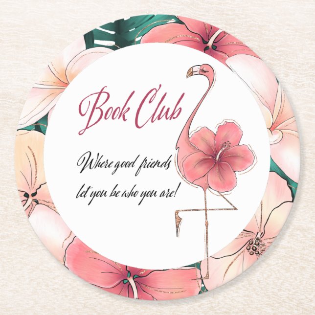 Book Club Bibliophile Book Worm Chic Flamingo Round Paper Coaster (Front)