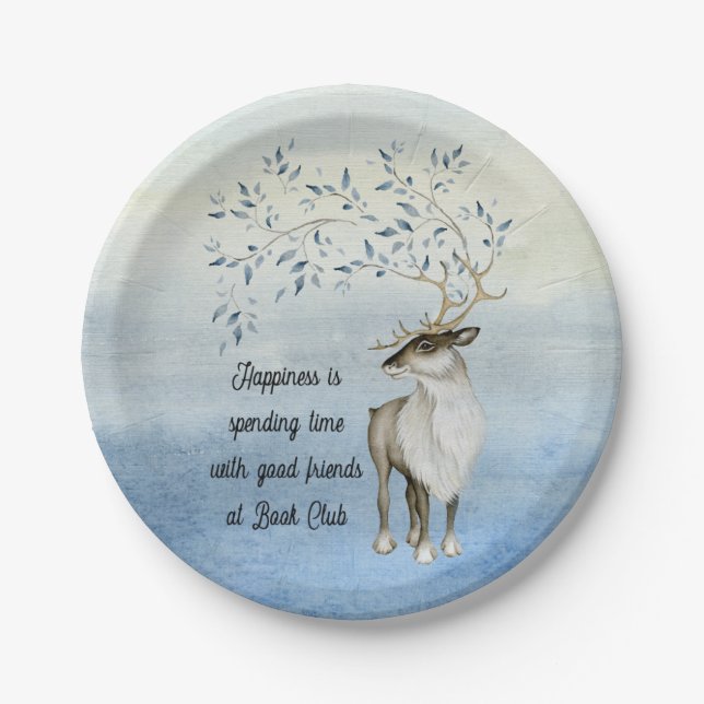 Book Club Meeting Watercolor Reindeer Paper Plate (Front)