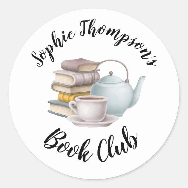 Book Club Name Tea Pot Cup Books Script Classic Round Sticker (Front)