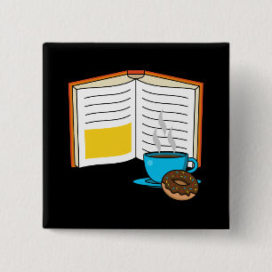 Book Coffee and Doughnut Cartoon 2 Inch Square Button