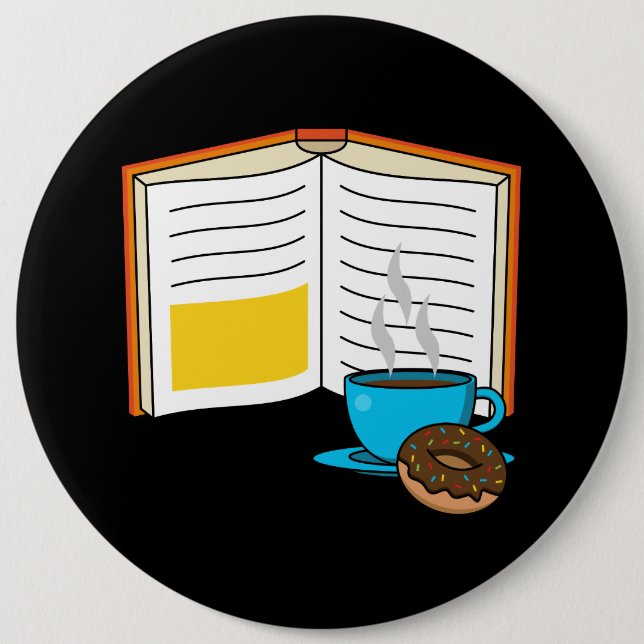 Book Coffee and Doughnut Cartoon 6 Inch Round Button (Front)