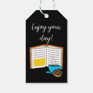 Book Coffee and Doughnut Cartoon   Add Text Gift Tags