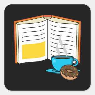 Book Coffee and Doughnut Cartoon Square Sticker