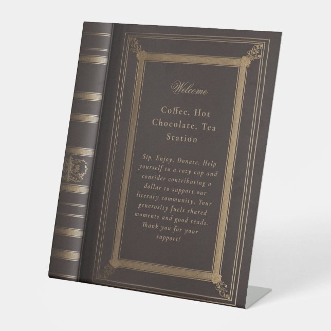 book cover library coffee station pedestal sign (Front)