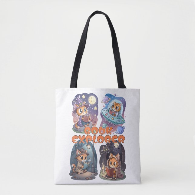 Book Explorer – Cute Cat Reading Adventure Tote Bag (Front)