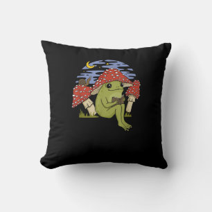 Book Fan Frog With Mushroom Hat Cottagecore Goblin Throw Pillow