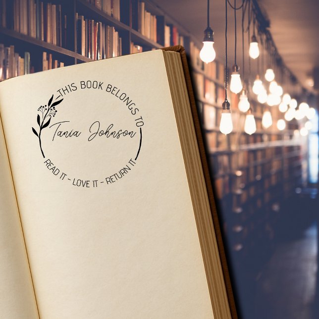 Book library bookplate Custom floral wreath modern Self-inking Stamp (Creator Uploaded)