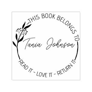 Book library bookplate Custom floral wreath modern Self-inking Stamp