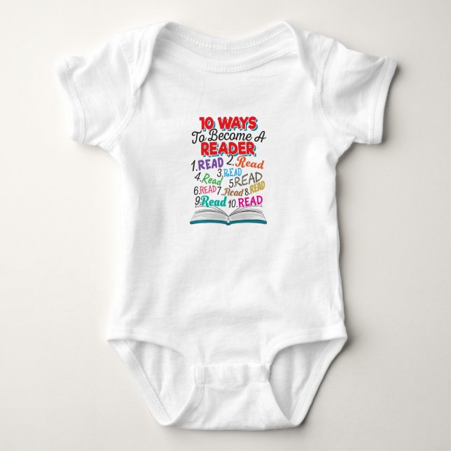 Book Lover 10 Ways to Become a Reader Baby Bodysuit (Front)