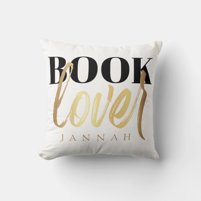 Book Lover Black Gold Script Book Nerd Name Throw Pillow (Front)