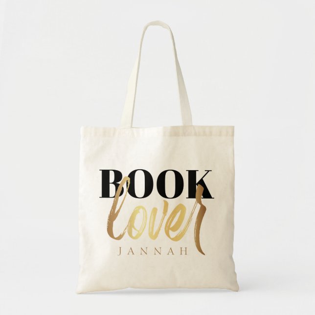 Book Lover Black Gold Script Book Nerd Name Tote Bag (Front)