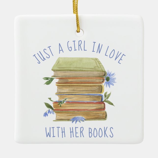 Book Lover Book Stack Flowers Ceramic Ornament (Front)